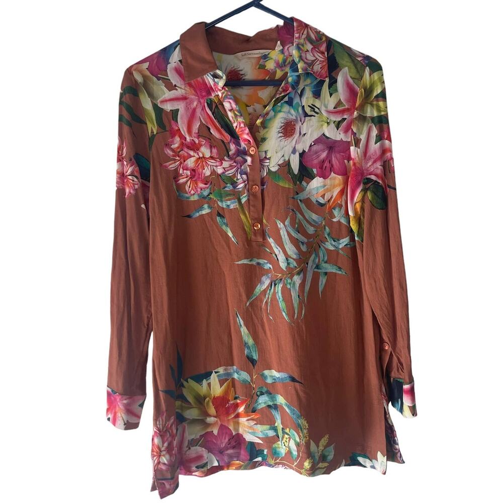 Soft Surroundings Women's Size XS Orange Floral Long Sleeves Tunic Top